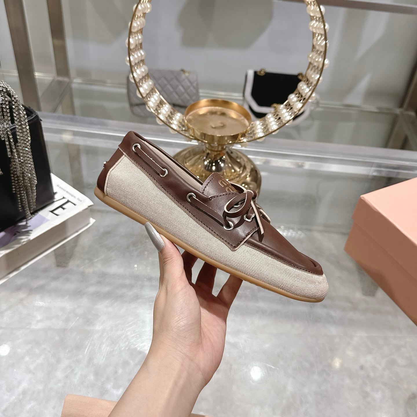 M1um1u Canvas And Bleached Leather Boat Shoes Beige 5D376E 3Lqm F0J51 F 005