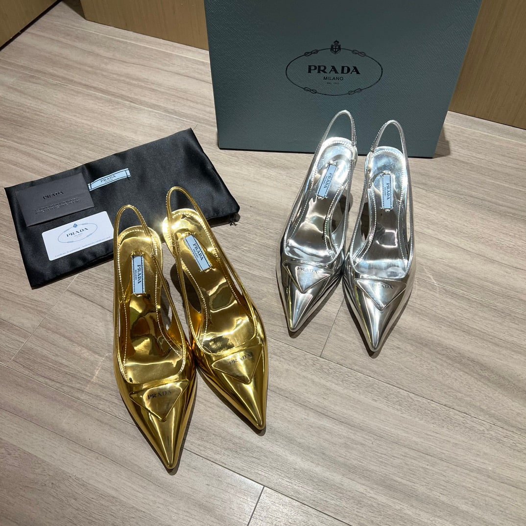 Pra*a Brushed Leather Slingback Pumps Silver
