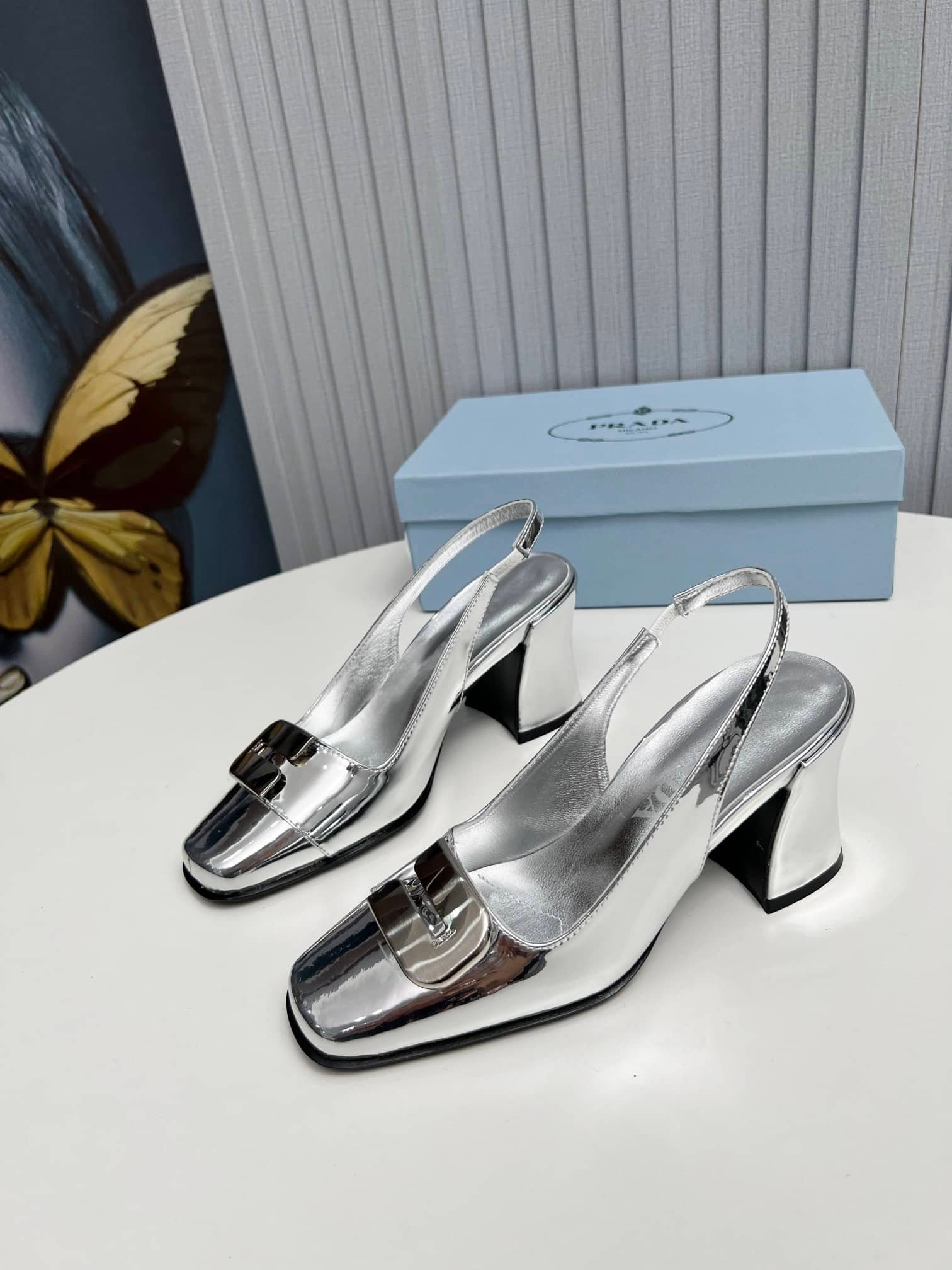 Pra*a Leather Slingback Pumps Silver