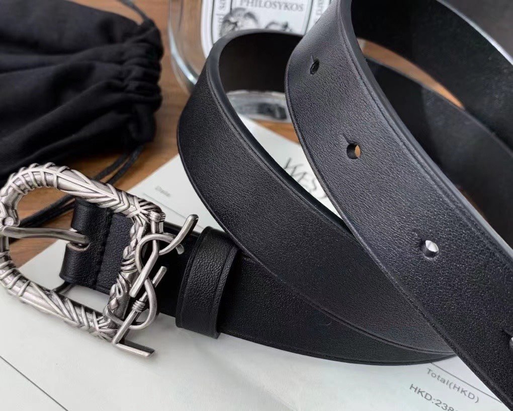Sa1nt Lau*nt Monogram Celtic Leather Black And Silver Belt 0400017970125