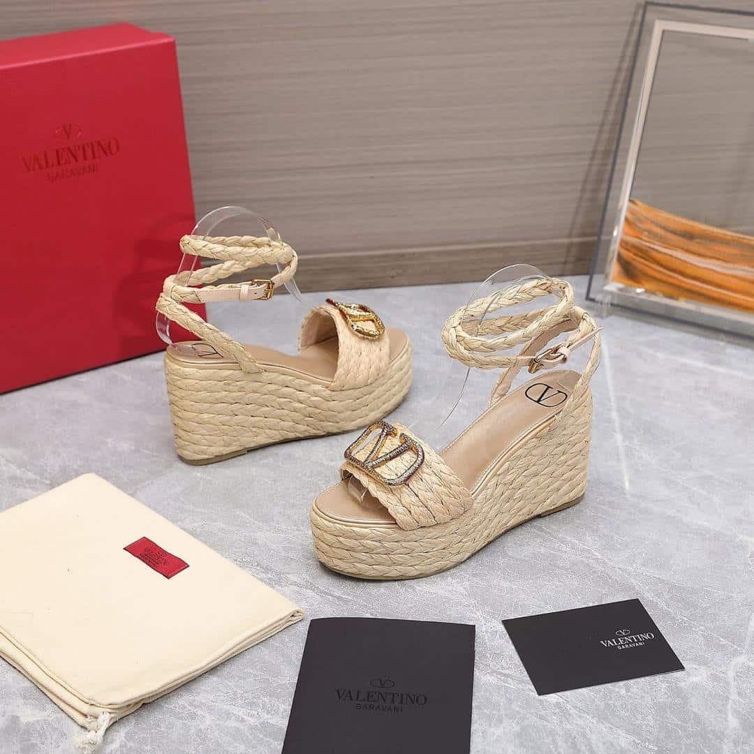 Va1e*ntin0 Garavani Vlogo Raffia Platform Wedge Sandals Natural