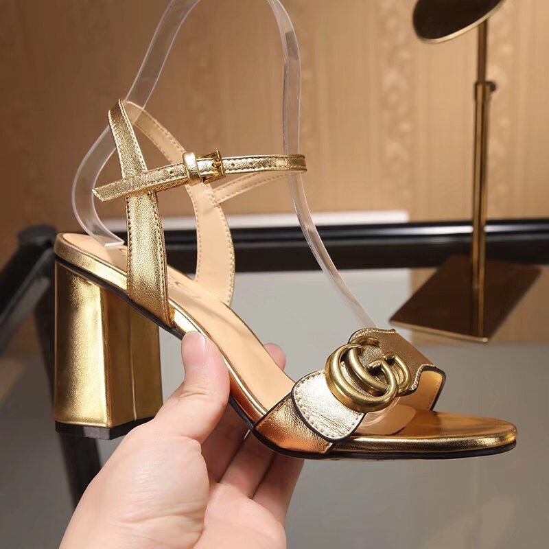 Gvc*1 Gold Metallic Laminate Leather Mid Heel Sandal 453379
