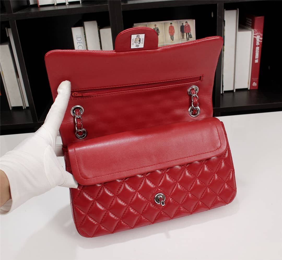 Ch**el Medium Classic Double Flap Red Silver Hardware 25.5Cm