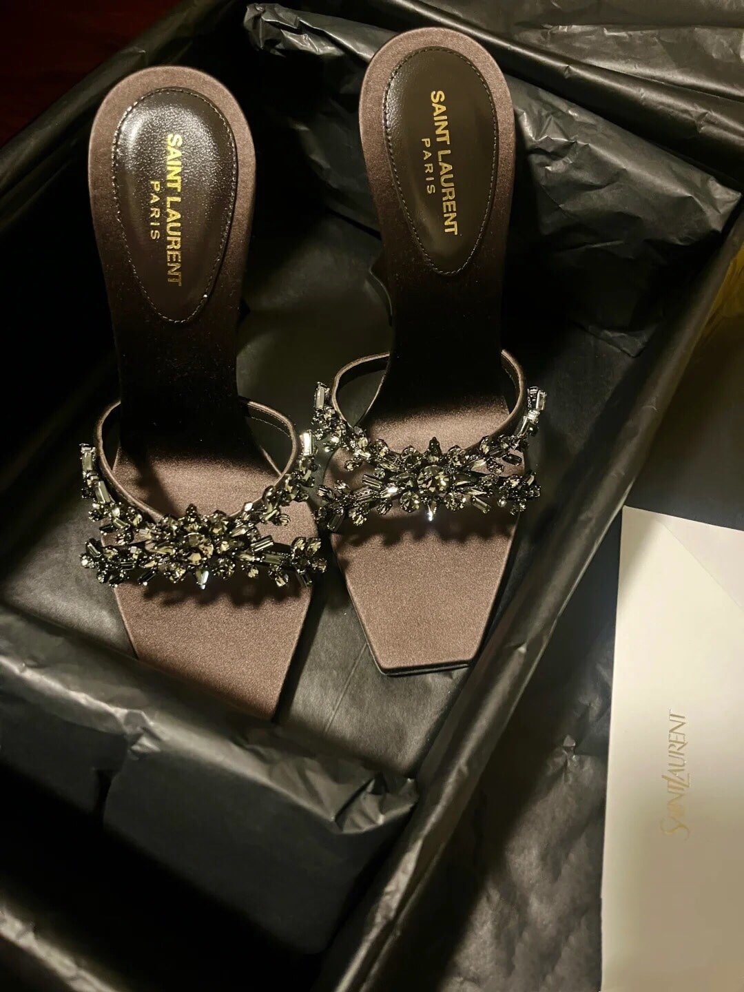 Sa1nt Lau*nt Liz Mules In Satin And Rhinestones Black