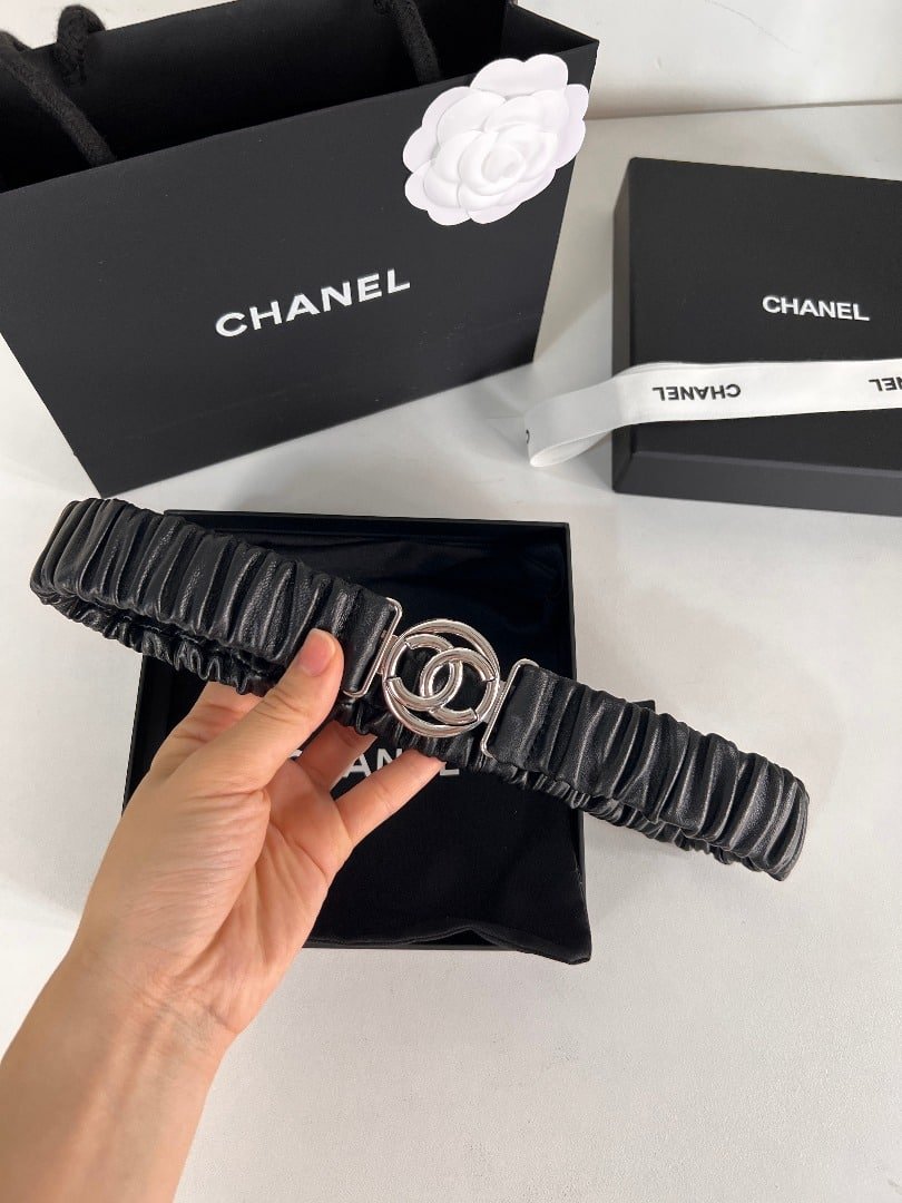 Ch**el Calfskin Betl With Silver Cc Logo 30Mm