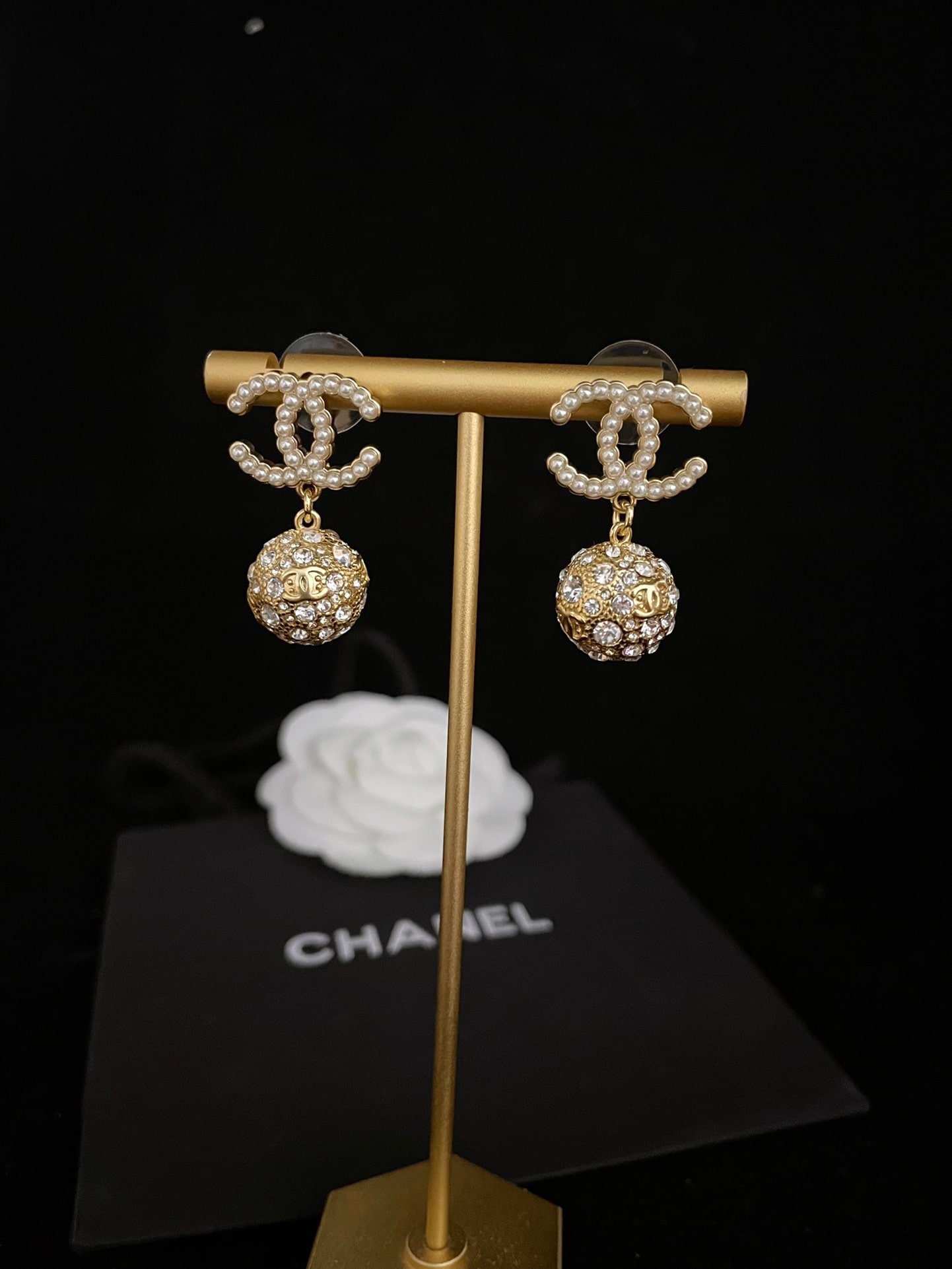 Ch**el New Cc Gold Ball Crystal Pearl Drop Earrings