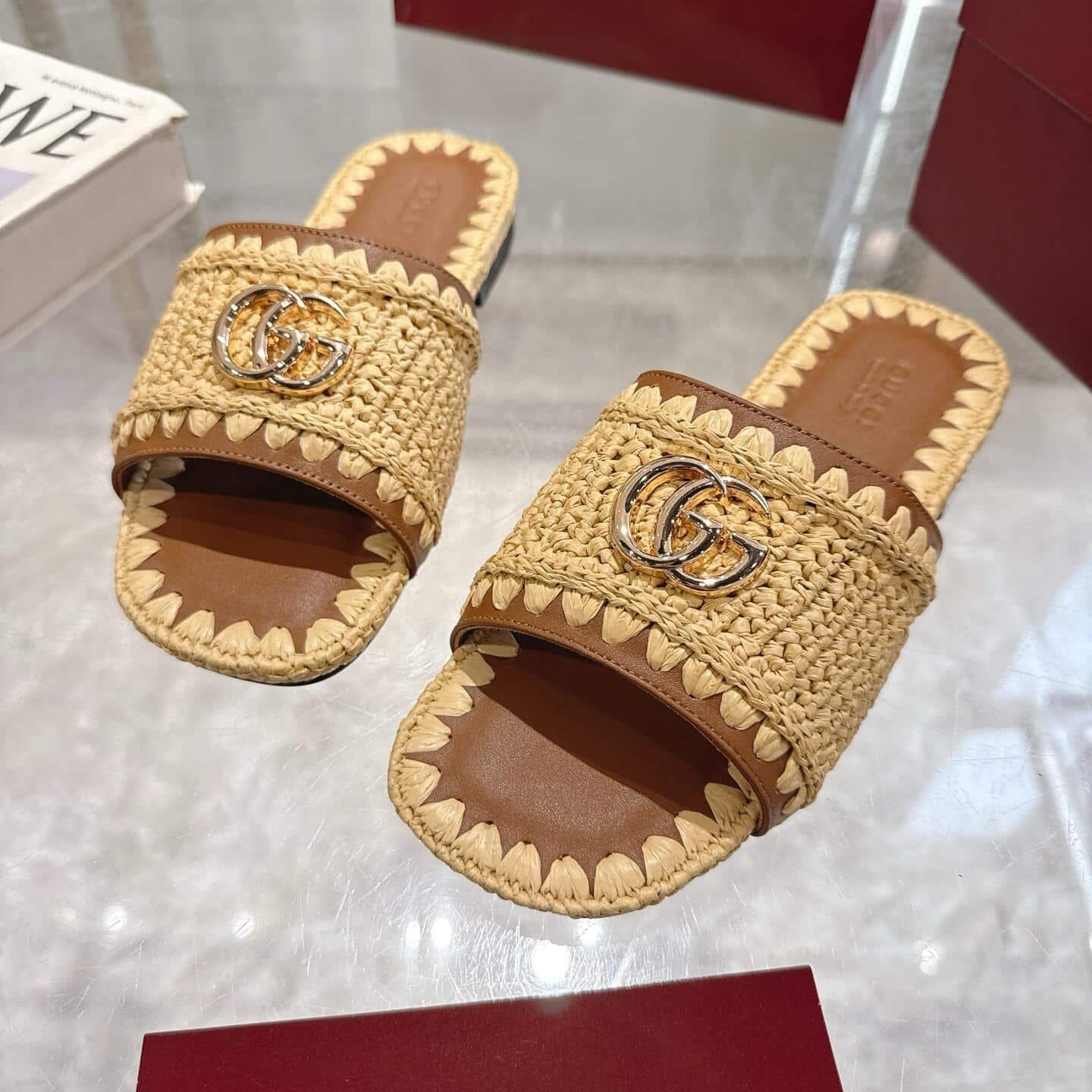 Gvc*1 Women Slide Sandal With Double G Raffia Crochet 835084 Faeq3 9642