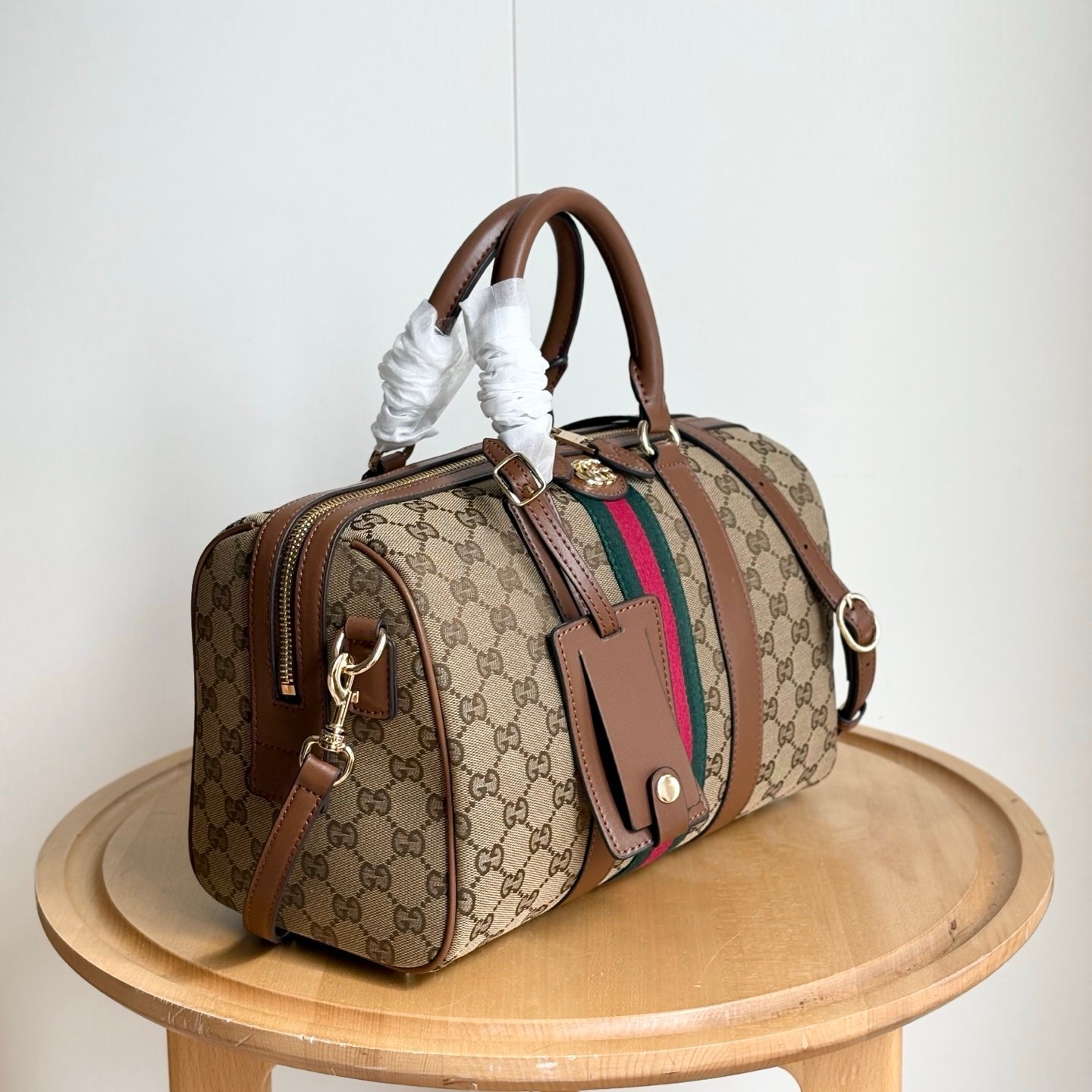 Gvc*1 Ophidia Medium Boston Bag Beige And Brown GG Canvas 30Cm ‎857595 FAFUF 9870