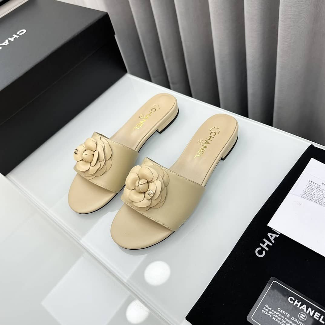 Ch**el Camellia Slides Beige