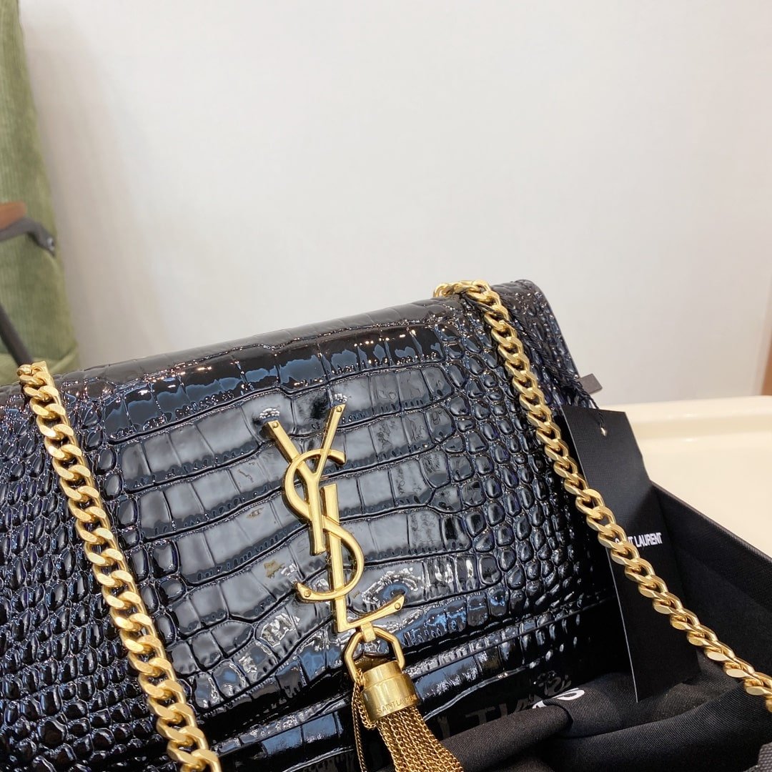 Sa1nt Lau*nt Kate Medium With Tassel In Shiny Crocodile Embossed Leather Black 22Cm 354119Aaay14083