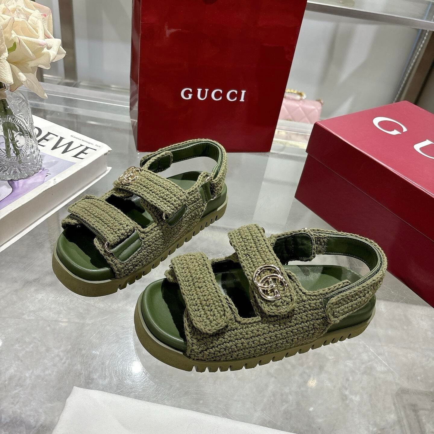 Gvc*1 Women Sandal With Double G Dark Green Crochet ‎835086 Faeq2 3037