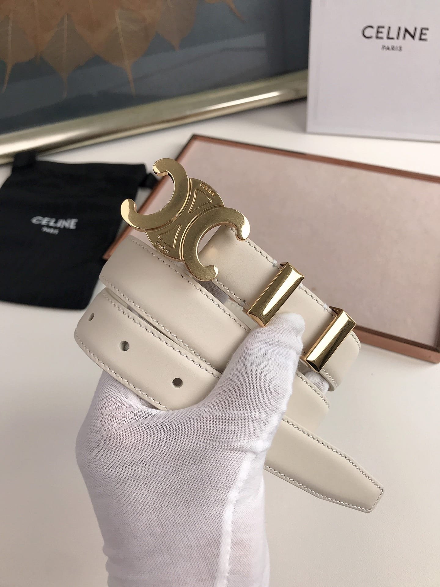 Ce1i*e Small Triomphe White Belt In Natutal Calfskin Gold Metal