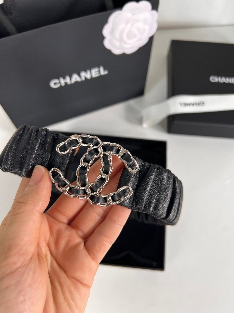 Ch**el Cc Elastic Belt Leather With Silver Metal 30Mm