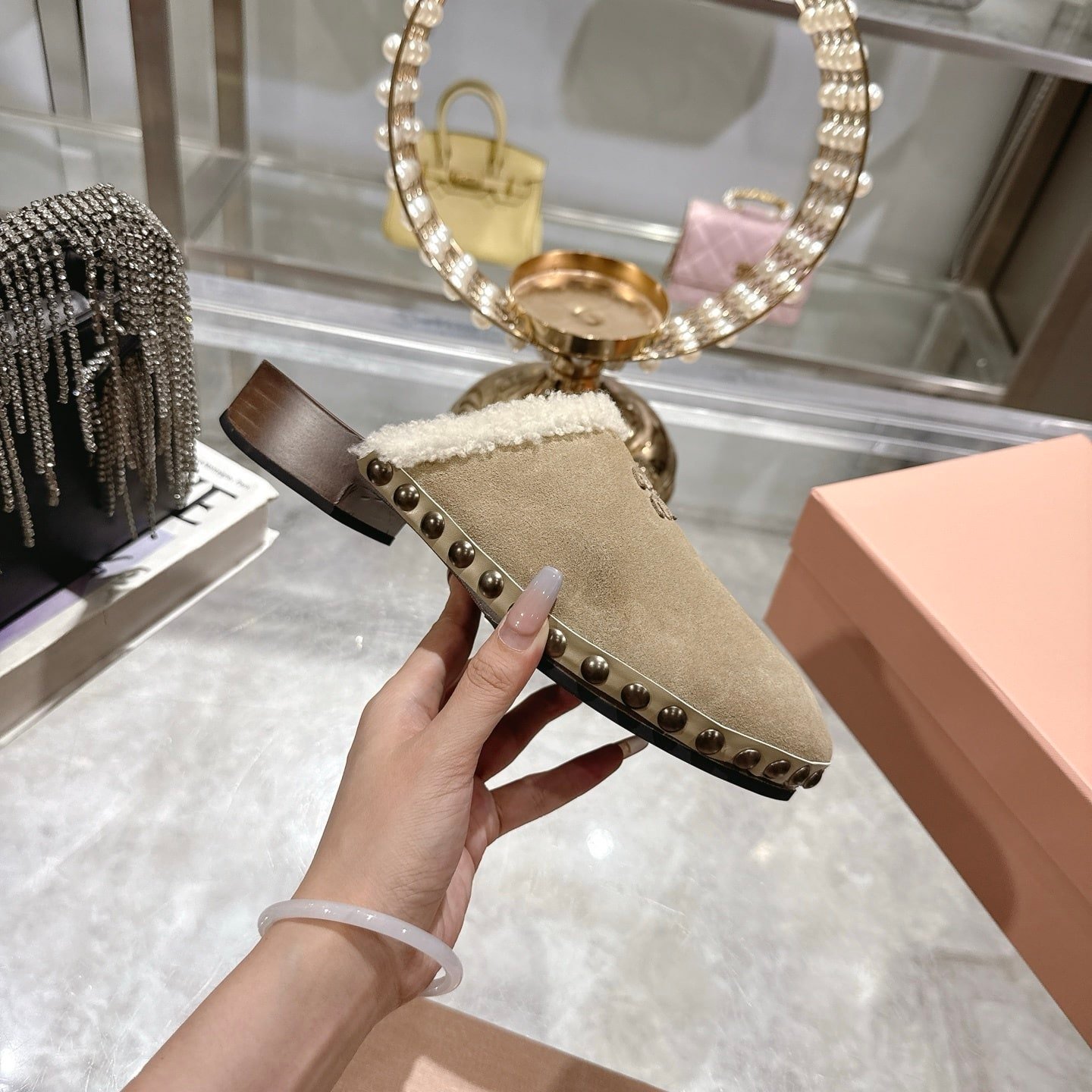 M1um1u Suede Clogs Beige